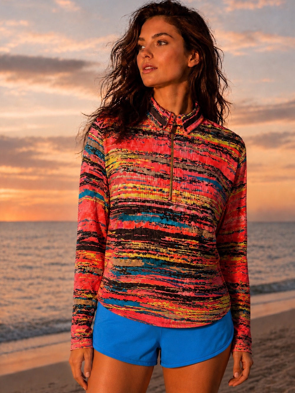 Jamie Sadock Bright Sunset Orange Print Quarter-Zip Athletic Top UPF Stretch L.